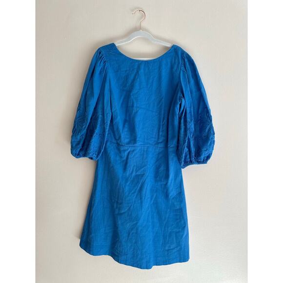 Ann Taylor Floral Embroidered Linen Blend Flare Dress Blue Stretch Classy 0P - Picture 4 of 7